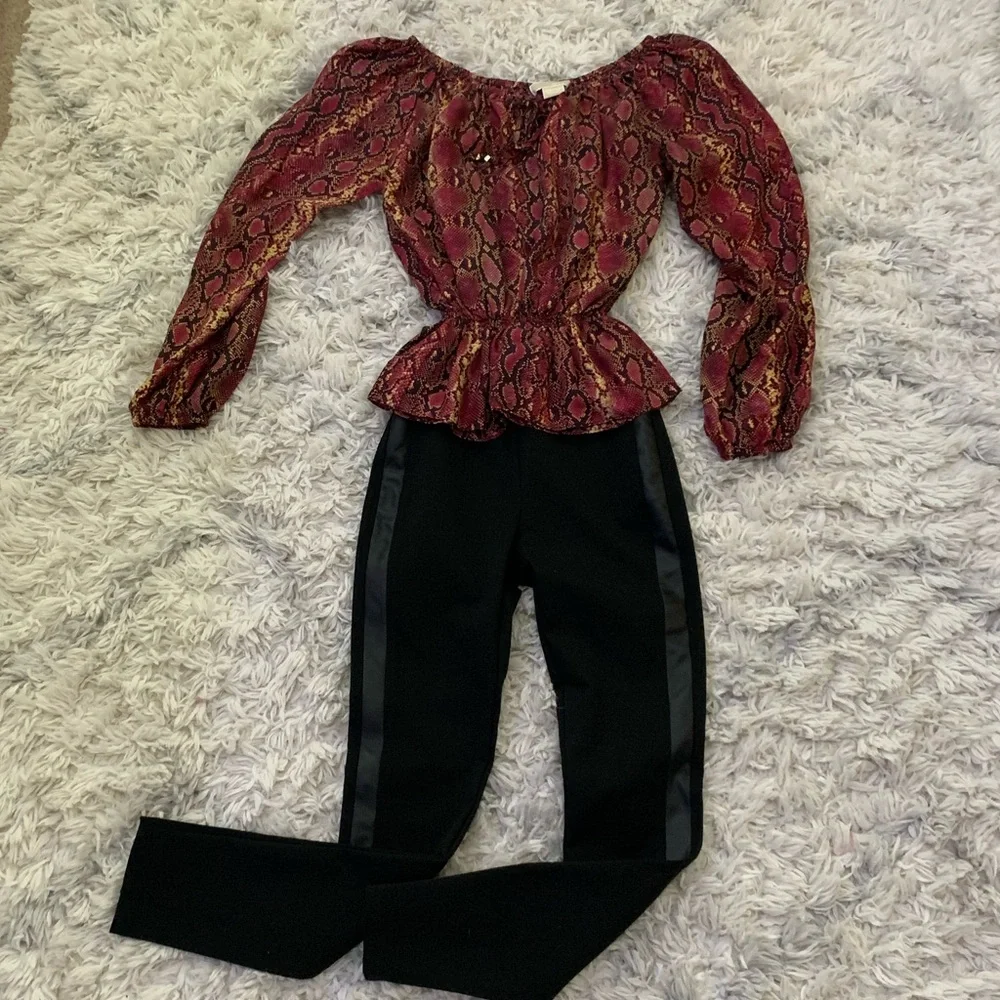Michael Kors burgundy & blacks skin print peplum silk top Size XS